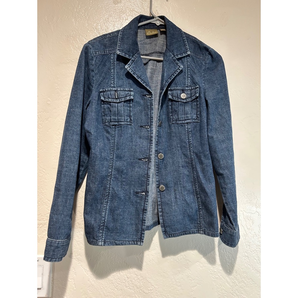 Caslon Womens Petite XS Blue Cotton Linen Denim Blazer Jacket Button Front